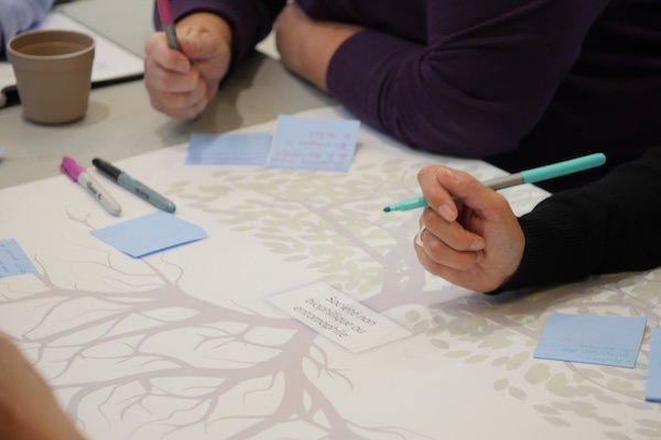 Vue sur une main écrivant sur un canevas de récolte durant une planification stratégique